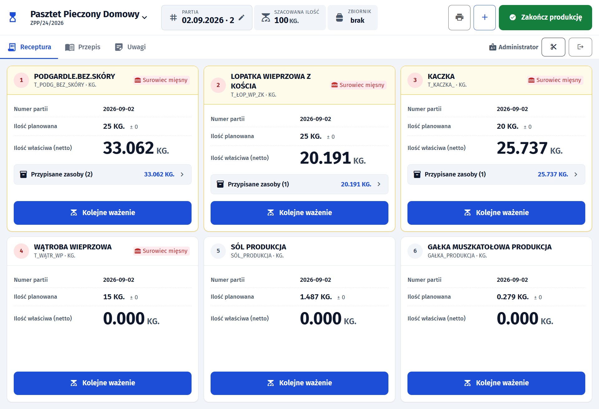 Ekran receptury d6prodmeat, kafle surowców z ilością planowaną i wynikiem ważenia