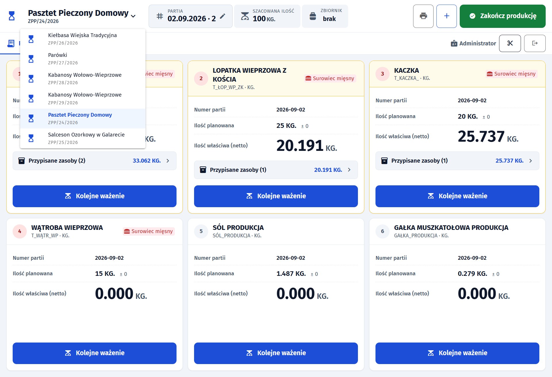 Rozwinięta lista zleceń produkcyjnych nad ekranem receptury d6prodmeat