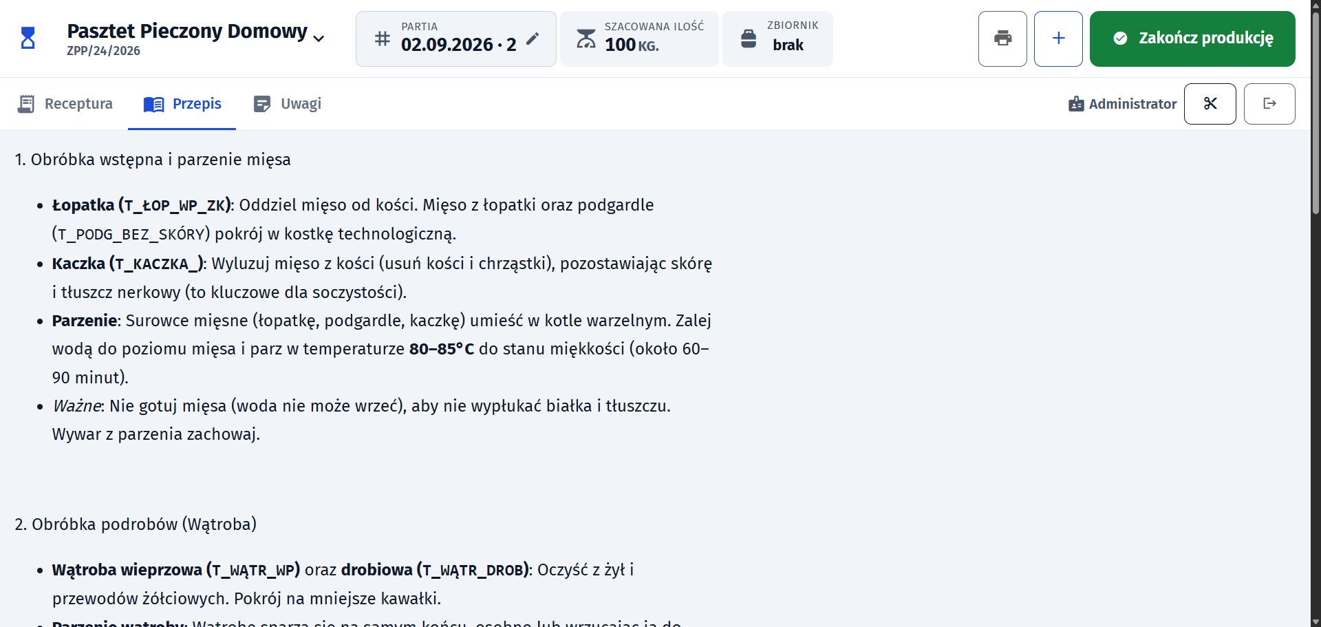 Zakładka Przepis w d6prodmeat, opis technologiczny kolejnych etapów produkcji