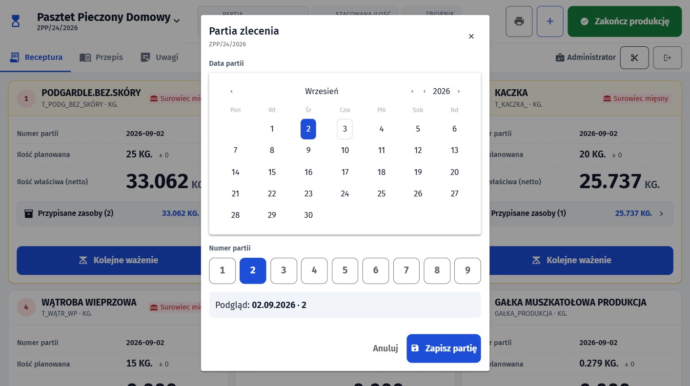 Okno partii zlecenia w d6prodmeat, kalendarz daty i wybór numeru partii
