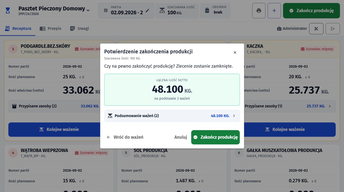 Okno potwierdzenia zakończenia produkcji w d6prodmeat z łączną ilością netto