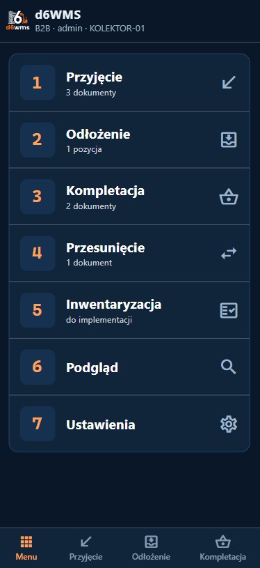 Aplikacja kolektora d6wms, menu operacji magazyniera